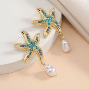 Mermaidcore Gold Jeweled Starfish Pearl Drop Statement Earrings